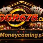 GGR678 Game casino-style logo with gold and red design, roulette wheel, poker chips, slot machine, and Moneycoming.pk branding for the GGR678 Game APK download guide.
