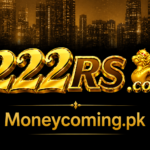 222RS Game logo with a winged lion emblem displayed on a dark city skyline background, featuring the Moneycoming.pk branding in a luxury-style promotional banner.